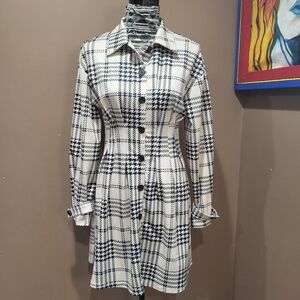 Fitted Long Sleeve Plaid Houndstooth Shirt Dress Sz S